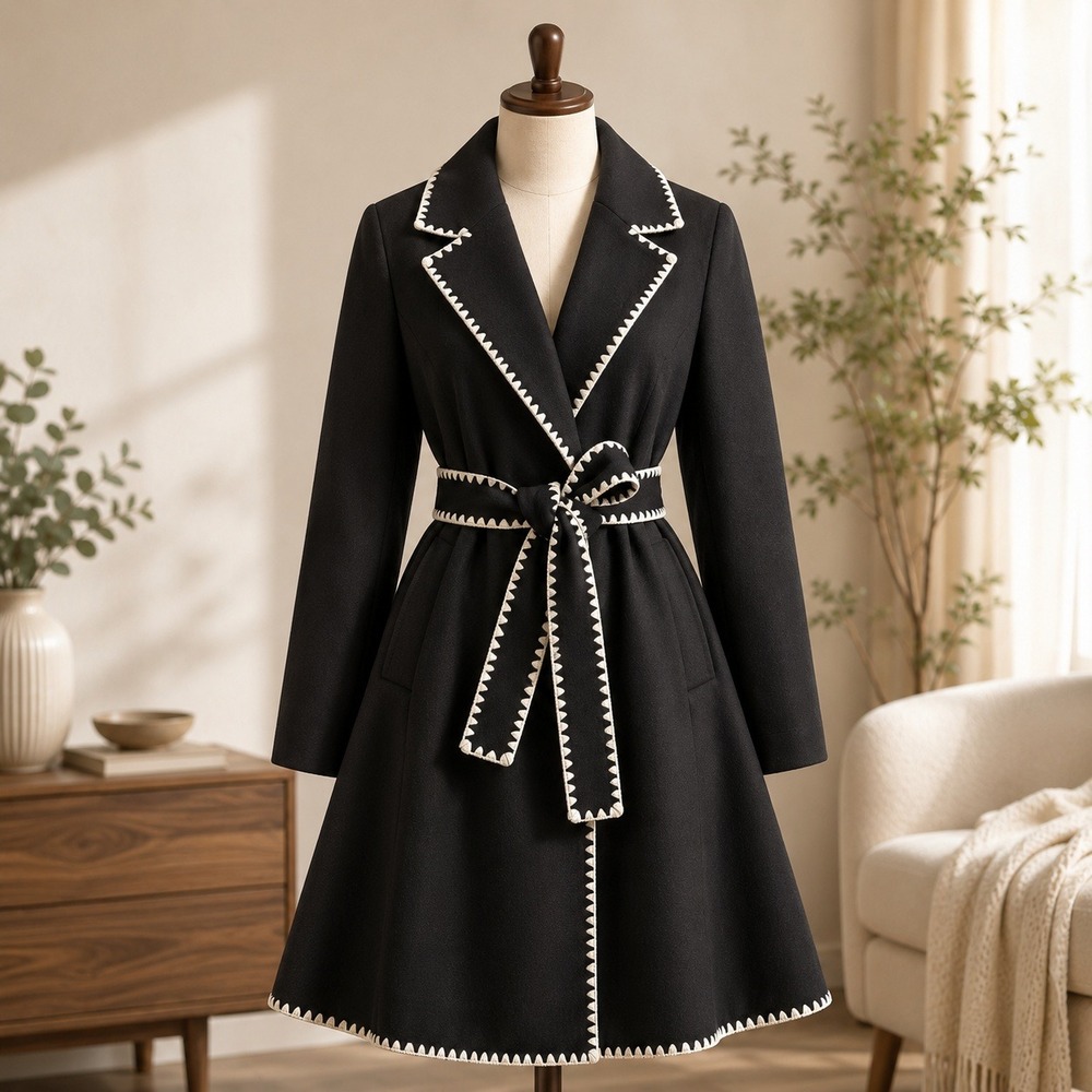 Beautiful by Lawrence Zorian Wrap Coat  XL Black Blanket Stitch Trim Belted
